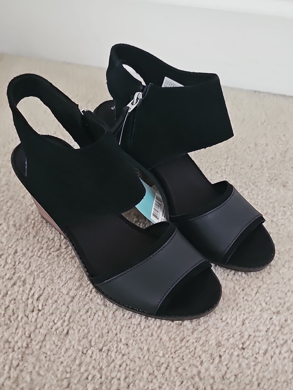 Toms Black Open-Toe Slingback Wedge Sandals with Suede Ankle Cuff